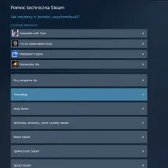 Menu pomocy technicznej Steam z opcją "Transakcje" podświetloną na niebiesko.