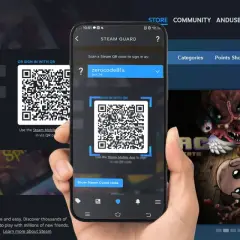Dłoń trzyma smartfon z kodem QR Steam Guard obok ekranu logowania Steam.