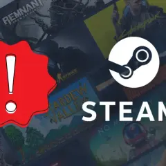 Czerwony wykrzyknik na tle okładek gier Steam i logo platformy.