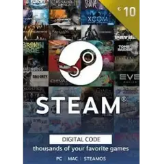 Karta podarunkowa Steam z logo i okładkami gier, o wartości 10 €.