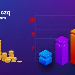 Stosy złotych monet obok kolorowego wykresu słupkowego z wykrzyknikami.