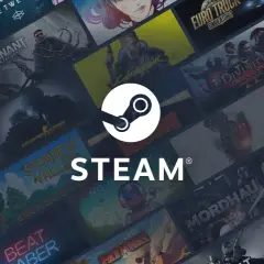 Logo Steam na tle mozaiki okładek gier.