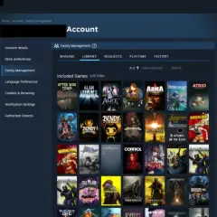 Widok ekranu Steam z zarządzaniem rodziną i listą gier.