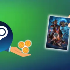 Ręka trzyma grę "Baldur's Gate", obok logo Steam i monet.