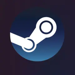 Logo Steam na tle gradientu od ciemnego fioletu do niebieskiego.