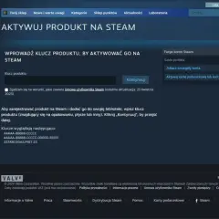 Strona aktywacji produktu na Steam z polem do wpisania klucza gry i przyciskiem "Kontynuuj".