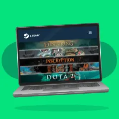 Laptop z logo Steam i banerami gier: Elden Ring, Death's Door, Inscryption, Loop Hero, Dota 2.