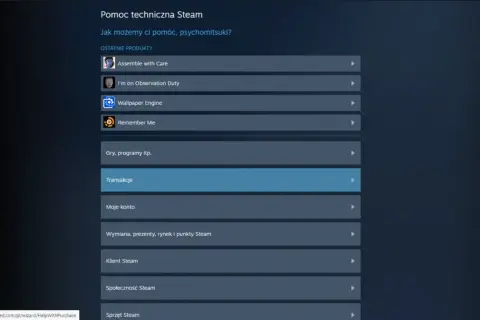 Menu pomocy technicznej Steam z opcją "Transakcje" podświetloną na niebiesko.