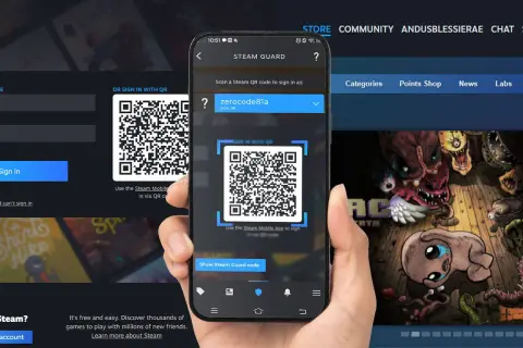 Dłoń trzyma smartfon z kodem QR Steam Guard obok ekranu logowania Steam.