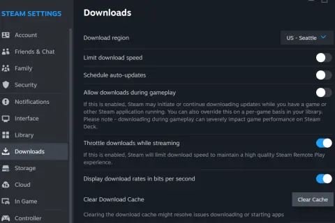Ustawienia Steam: zakładka Pobieranie z opcjami regionu, prędkości i automatycznych aktualizacji.