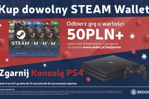 Kupony Steam Wallet o różnych nominałach, konsola PS4 i kontroler.