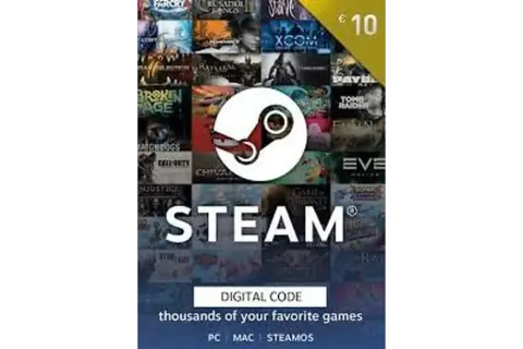 Karta podarunkowa Steam z logo i okładkami gier, o wartości 10 €.