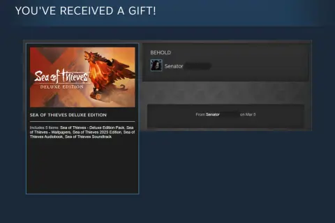 Okno Steam z informacją o otrzymanym prezencie: gra Sea of Thieves Deluxe Edition od Senatora.