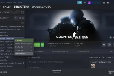 Ekran biblioteki Steam z menu kontekstowym gry Counter-Strike: Global Offensive.