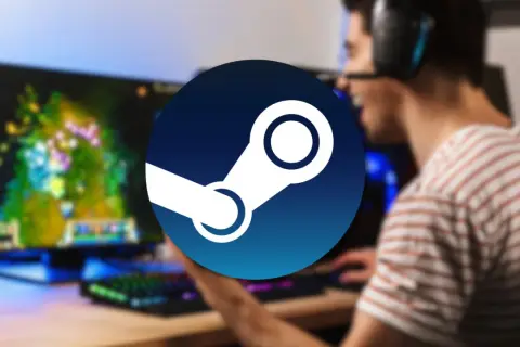 Gracz w słuchawkach grający w grę na komputerze, z logo Steam na pierwszym planie.