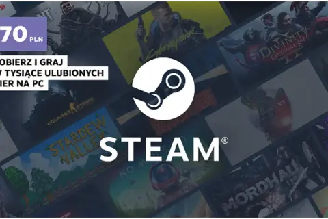 Logo Steam na tle okładek gier PC. Napis "70 PLN" i "Pobierz i graj w tysiące ulubionych gier na PC".