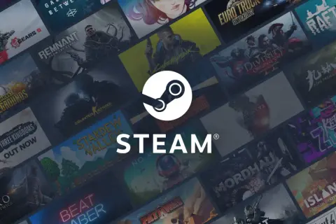 Logo Steam na tle mozaiki okładek gier.