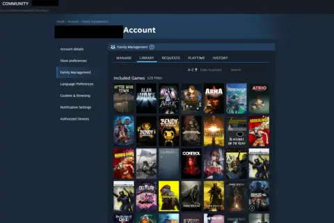 Widok ekranu Steam z zarządzaniem rodziną i listą gier.