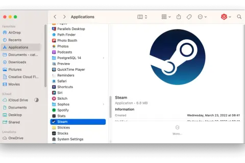 Ikona aplikacji Steam w folderze Aplikacje na komputerze Mac.
