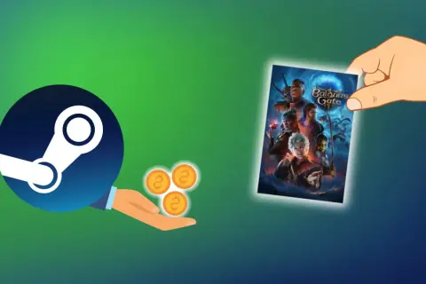 Ręka trzyma grę "Baldur's Gate", obok logo Steam i monet.