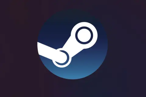 Logo Steam na tle gradientu od ciemnego fioletu do niebieskiego.