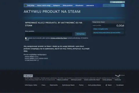 Strona aktywacji produktu na Steam z polem do wpisania klucza gry i przyciskiem "Kontynuuj".