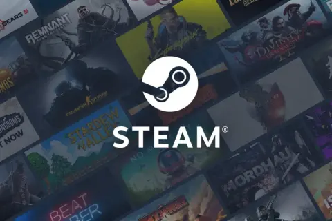 Logo Steam na tle okładek gier komputerowych.