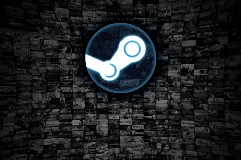 Logo Steam na tle mozaiki okładek gier.