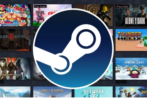 Logo Steam na tle okładek gier.