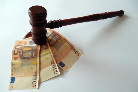Młotek sędziowski na banknotach 50 euro.