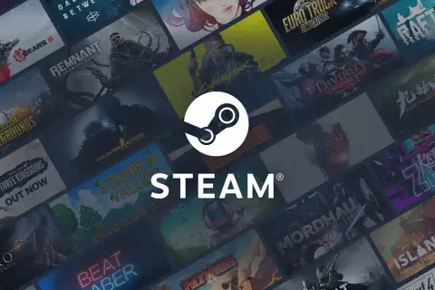 Logo Steam na tle kolaży okładek gier.