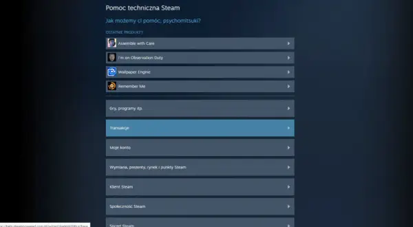 Menu pomocy technicznej Steam z opcją "Transakcje" podświetloną na niebiesko.