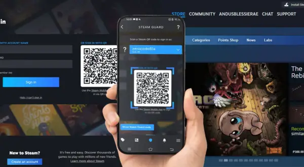 Dłoń trzyma smartfon z kodem QR Steam Guard obok ekranu logowania Steam.