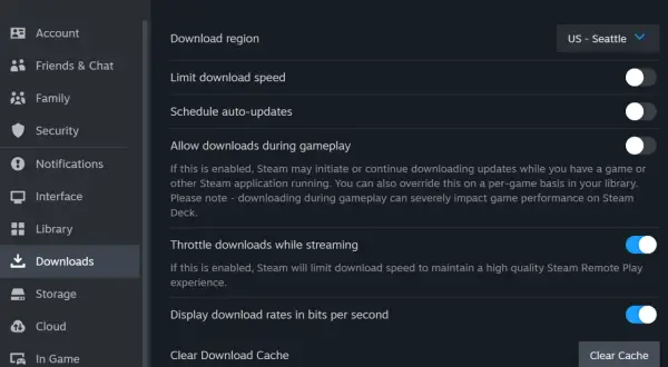Ustawienia Steam: zakładka Pobieranie z opcjami regionu, prędkości i automatycznych aktualizacji.