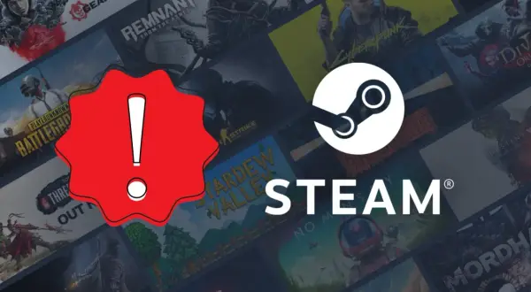 Czerwony wykrzyknik na tle okładek gier Steam i logo platformy.