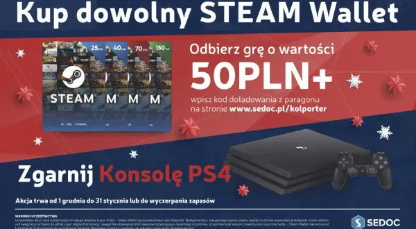 Kupony Steam Wallet o różnych nominałach, konsola PS4 i kontroler.