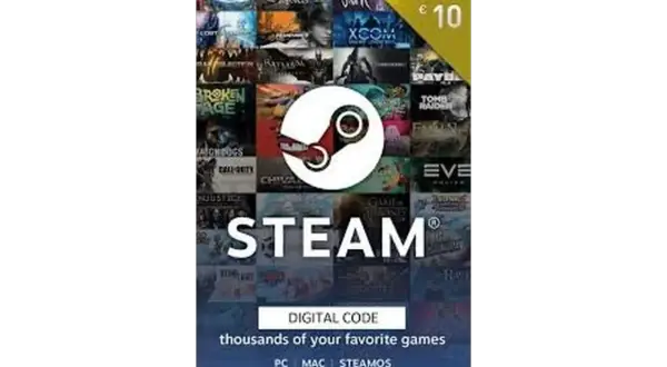 Karta podarunkowa Steam z logo i okładkami gier, o wartości 10 €.