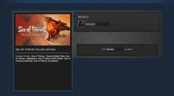 Okno Steam z informacją o otrzymanym prezencie: gra Sea of Thieves Deluxe Edition od Senatora.