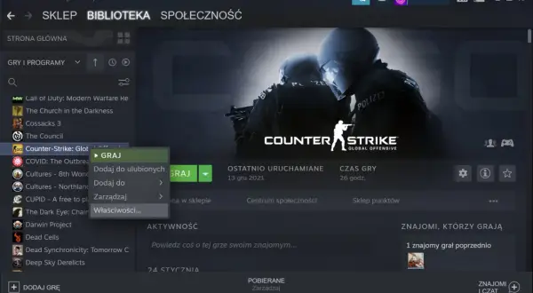 Ekran biblioteki Steam z menu kontekstowym gry Counter-Strike: Global Offensive.