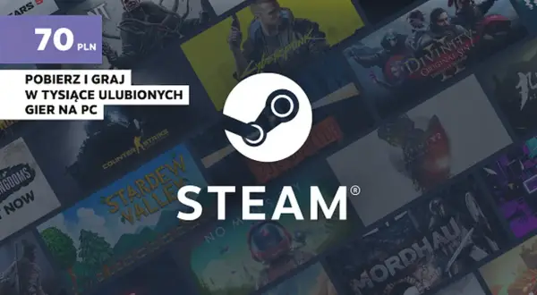 Logo Steam na tle okładek gier PC. Napis "70 PLN" i "Pobierz i graj w tysiące ulubionych gier na PC".