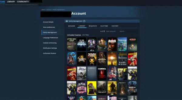 Widok ekranu Steam z zarządzaniem rodziną i listą gier.