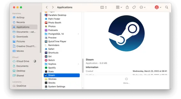 Ikona aplikacji Steam w folderze Aplikacje na komputerze Mac.