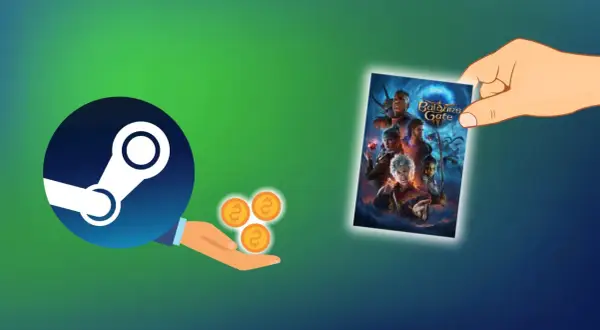 Ręka trzyma grę "Baldur's Gate", obok logo Steam i monet.