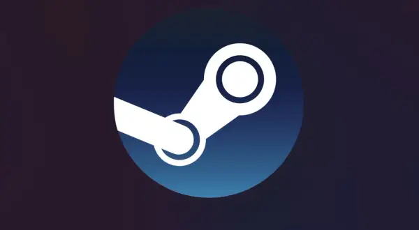 Logo Steam na tle gradientu od ciemnego fioletu do niebieskiego.
