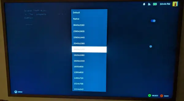 Ekran telewizora z menu wyboru rozdzielczości gry, zaznaczono 1920x1200.