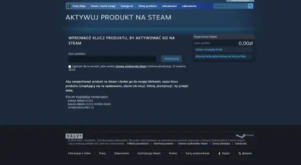 Strona aktywacji produktu na Steam z polem do wpisania klucza gry i przyciskiem "Kontynuuj".