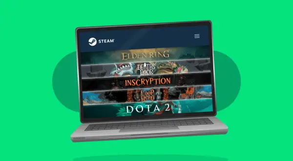 Laptop z logo Steam i banerami gier: Elden Ring, Death's Door, Inscryption, Loop Hero, Dota 2.