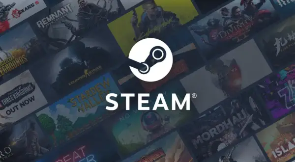 Logo Steam na tle okładek gier komputerowych.