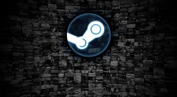 Logo Steam na tle mozaiki okładek gier.