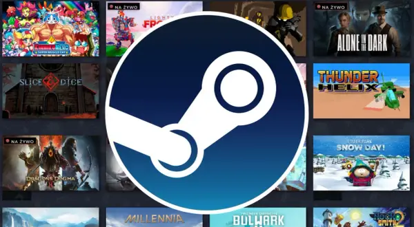 Logo Steam na tle okładek gier.